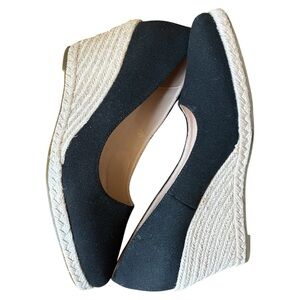 RUANYU Black Canvas Wedge Heels Espadrille‎ Sip On Shoes Size 7.5 Almond Toe